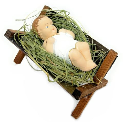 Jesuskind in Holzkrippe auf natürlichem Heu, 10,2 cm