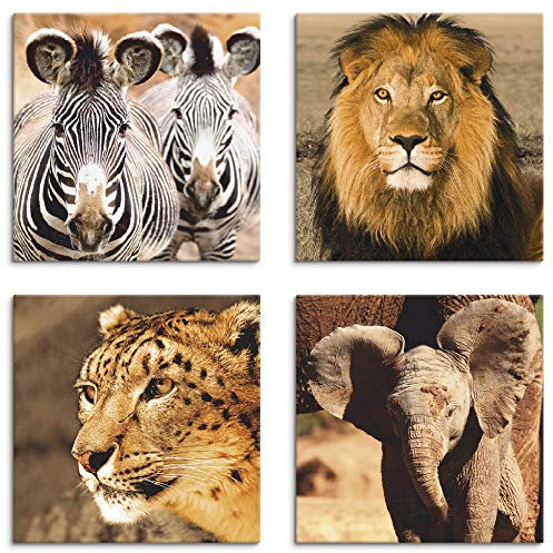 ARTLAND Wanddeko Leinwand Bilder Set 4tlg. je 40x40 cm Quadratisch Wandbilder Tiermotive Afrika Zebras Löwe Schneeleopard Elefanten C1RD