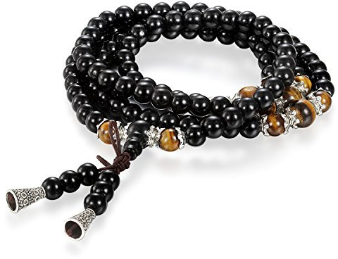 Flongo 6mm Energiearmband Energie Armband Armreif Gebetskette tibetisch-buddhistische Halskette Buddha Mala Gebet Kette Schwarz Braun Kugel Perle Perlen Herren, Damen