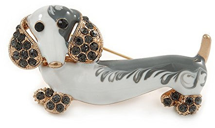 Avalaya Broche en forme de teckel Blanc/gris en émail - Cristal gris - 45 mm de diamètre