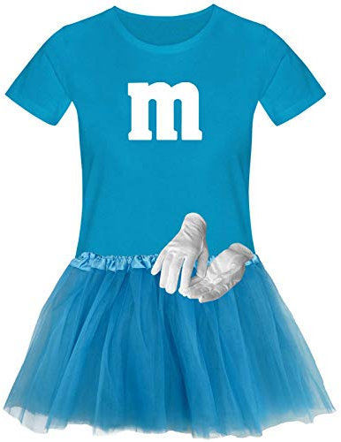 T-Shirt M&M + Tüllrock Karneval Gruppenkostüm Schokolinse 11 Farben Damen XS-3XL Fasching Verkleidung M's Fans Tanzgruppe, Gr.:2XL, Farbauswahl:türkis - Logo Weiss (+Handschuhe Weiss/Tütü türkis)