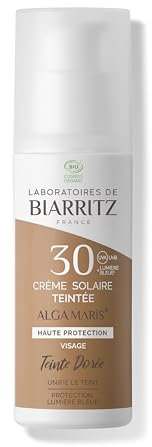 Laboratoires de Biarritz - Crème Solaire Visage Teintée Dorée - SPF30 - ALGA MARIS® Certifiée Bio - Protection Anti-UVA/UVB et Lumière Bleue - 50 ml - Fabriquée en France
