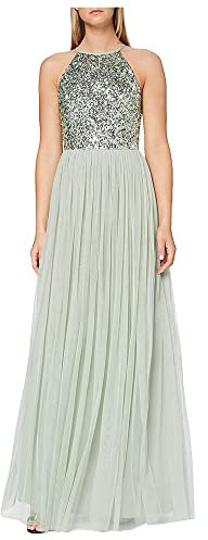 Maya Deluxe Damen Abendkleid Pailletten Cocktailkleid Tüllkleid Kleid Nackenband Elegant Für Hochzeit Brautjungfernkleid Bridesmaid Dress, Sage Green, 38 EU