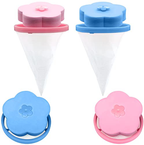 NEIJIANG Lint Catcher for Laundry,Pet Hair Remover for Laundry,Washing Machine Floating Lint Mesh Bag,Reusable Household Hair Filter Washer Lint Trap Net Pouch 4 Pieces Blue，Pink