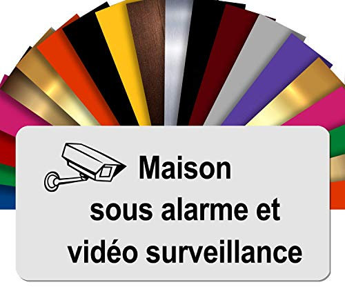 Plaque Maison Sous Alarme Et Vidéosurveillance Autocollante – Plaque De Maison PVC Adhésive 10 x 5 cm – 21 Couleurs Disponibles (Blanc écrit Noir)