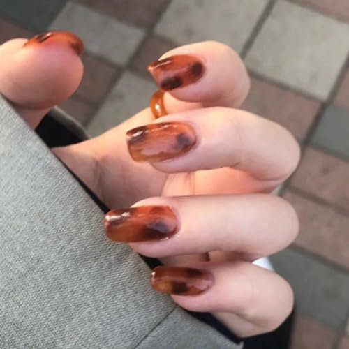 Sethexy Short Square False Nails Collection Brown Torties Press on Nail Glossy Fake Nails 24Pcs Full Cover Acrylic Stick on Nails for Women and Girls