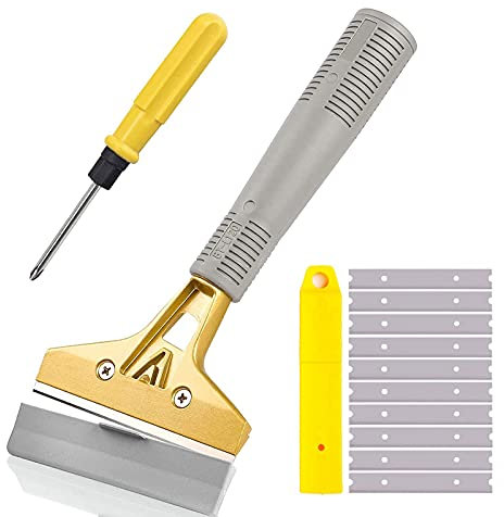 Raschietto a lama per rasoio, 10 cm con 10 lame in metallo extra, raschietto multiuso resistente per finestre, vetro, pavimento, parete, stufa, vernice, calafatoio, etichette, adesivi, adesivi