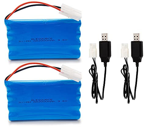 GLESOURCE(2 Pack 9.6V NiMH Battery Pack 2000mAh RC Battery with Standard Tamiya Connector for RC Car, Robots with (2PCS) USB Charging Cable