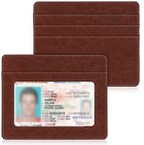 FINTIE Flache Geldbörse Kartenetui Ausweishülle, Premium Kunstleder RFID Schutz Slim Geldbeutel Kreditkartenetui mit ID-Fenster und Schnellzugriff-Fach für Herren Damen, Braun
