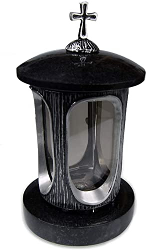 Vershy Grablaterne Silber mit Granit Sockel dunkel Impala Grabschmuck Stilvolle Granitlaterne Elegant Granit Black Höhe 28 cm/Ø 15 cm Grablampe Grablicht Grableuchte