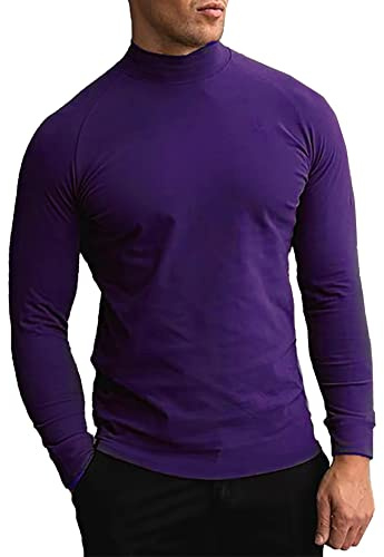 KINGBEGA Pullover da uomo a maniche lunghe, vestibilità regolare, leggera, a collo alto, Viola, XL