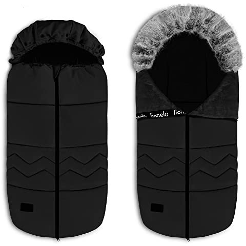 Lionelo Frode Babyfußsack, für Schlitten, Autositz, Kinderwagen, antiallergisch, wasserdicht, warm, kuschelig, Doppelreißverschluss, Abnehmbares Fell an der Kapuze, Winter 90x45 cm (Black Carbon)