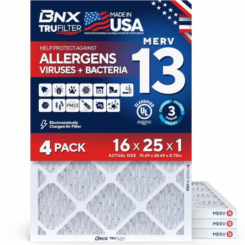 BNX TruFilter 16x25x1 Air Filter MERV 13 (4-Pack) - MADE IN USA - Electrostatic Pleated Air Conditioner HVAC AC Furnace Filters for Allergies, Pollen, Mold, Bacteria, Smoke, Allergen, MPR 1900 FPR 10