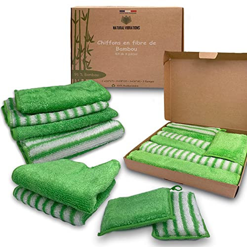 Natural Vibrations | Lot de 6 Chiffons + 2 Éponges de Nettoyage en Fibre de Bambou 91% | Qualité Prémium | Multi-Usages : Vaisselle, Vitres, Cuisine, Salle de Bain et Voiture