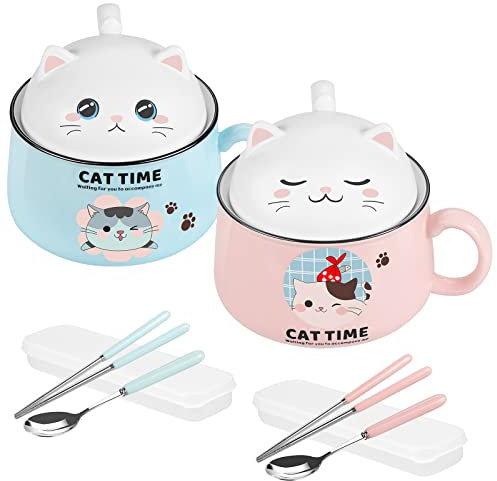 FHzytg 2 Stück Ramen Schüssel mit Deckel, 1020ML Schüssel mit Deckel Ramen Schüssel Katze Suppenschalen Ramen Schüssel Keramik Suppenschale Nudelschale Schüssel Katze mit Deckel, Essstäbchen, Löffel
