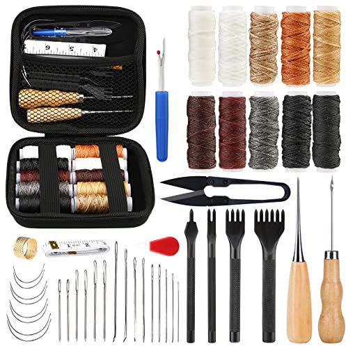 Riddur 46-teiliges Leder-Nähset, Leder-Nähwerkzeug-Set mit 4-mm-Schnürnähmeißel, gewachstem Garn und Nähnadeln mit großem Öhr für Lederhandwerksprojekte, Diy-Näharbeiten