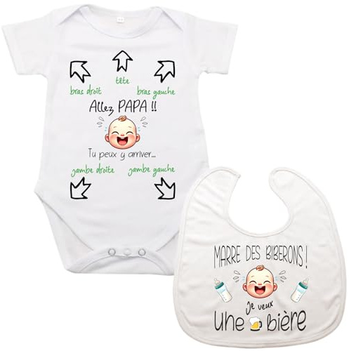 maroma [14] Bavoir Marre des Biberons et Body /6 Mois/Tu Peux y Arriver Bébé/Body Futur Papa Cadeau Original Humour