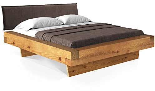 moebel-eins CURBY Balkenbett mit Polster-Kopfteil, Wangenfuß, Material Massivholz, 200 x 220 cm, Natur, Stoff Braun