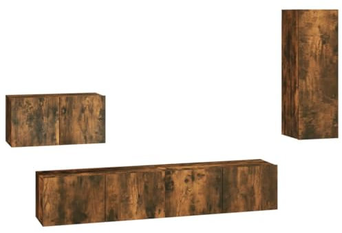 vidaXL 4 Piece TV Cabinet Set in Smoked Oak Engineered Wood: Modern, Wall-Mounted Design in Brown Equipped with Doors for Dust-Free Storage