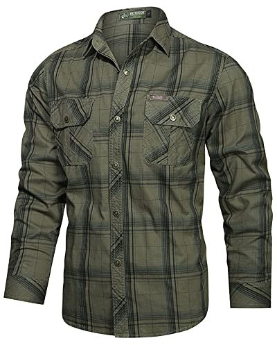 AOKODA Hemd Herren Revers Doppelte Tasche Kariert Hemd Herren Slim Fit Klassisch Casual Hemd Herren Das Neue Knopfleiste Vintage Langarm Hemd Herren C-Army Green L