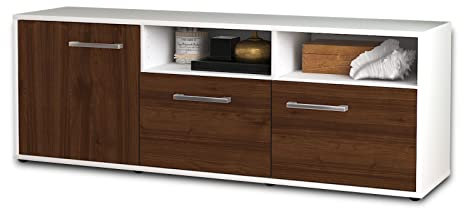 Lqliving TV-Board Lowboard Angelina, Korpus in weiß matt, Front im Holz-Design Walnuss (136x49x35cm), mit Metall Griffen, Made in Germany