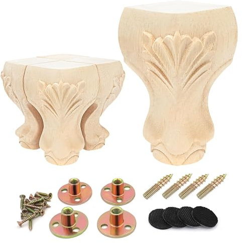 INKNOTE Lot de 4 pieds de meubles en bois massif brut de style européen sculpté - Pieds de rechange pour canapé, armoire, table, causeuse, ottoman, table basse (10,2 cm)