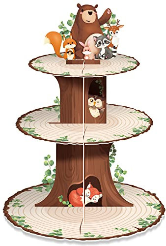 meekoo 3 Etagen Wald-Babyparty-Cupcake-Ständer Partydekorationen Dschungeltier Thema Cupcake Halter Dekorationen Waldkreaturen Dessertturm für Junge Mädchen Wald Tier Geburtstag Party Supplies