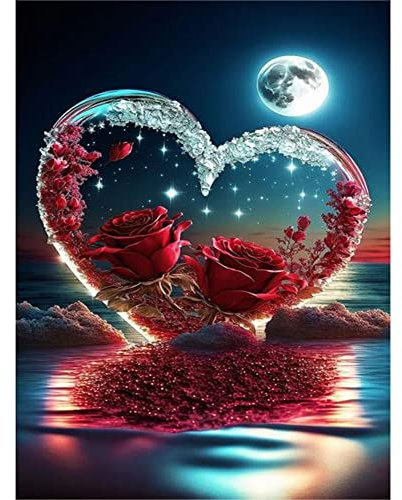 5D DIY Diamond Painting Bilder Herz und Rose Set, Full Drill Diamant Painting Bilder Strand Kit Stickerei Diamant Malerei Wanddeko 30x40cm (06) (H)