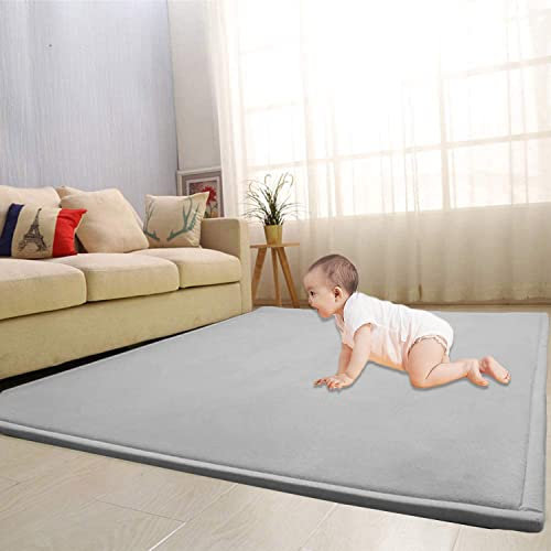 Waigg Kii Großer Teppich, Korallen-Samt, Baby-Spielmatte, dicker Teppich, Krabbelteppich, Tatami-Yogamatte, rutschfeste Bodenmatte, Übungsunterlagen (150 x 180 cm, grau)