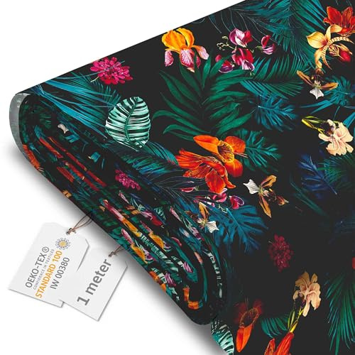 DreamRoots Markisenstoff Meterware, Dark Botanic Red, 1 m | Oxford Segeltuch, wasserdicht, Polsterstoff, 220 g/m² 600D, 160 cm breit, wasserabweisend, für außen & Deko