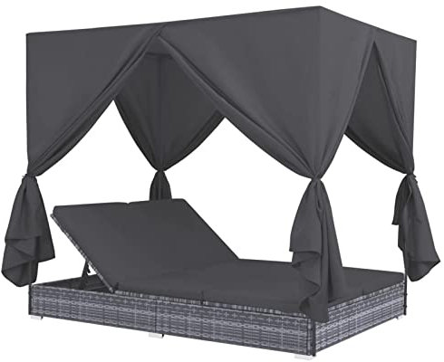 BULANED Outdoor-Lounge-Bett mit Vorhängen, Sonnenliege, Gartenliege, Outdoor Sofa, Balkon Möbel, Balkon Liegesofa, Balkonsofa, Liegewiese Outdoor, Poly Rattan Grau