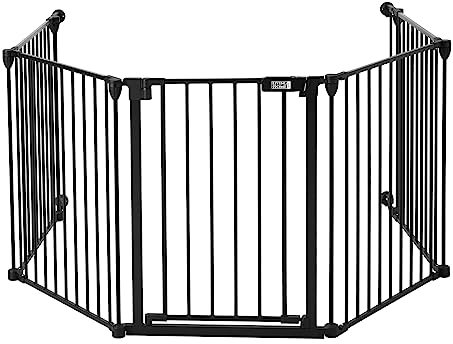 The Fellie Metal Fire Guard Safety Gate, Stair Gate for Dogs & Doorways, 5-Panel Foldable Dog Gate with Automatic Closing, Playpen Safety Barrier Room Divider for Pets/Child/ Tree,74cm Tall, Black