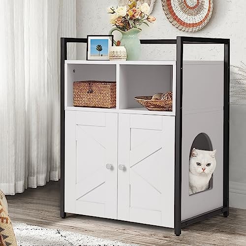 VOWNER Casa para Gatos, Caseta de Madera y Mesa Auxiliar de Madera para Gato, Mueble Arenero Gatos, con 2 Puertas, 60 x 45 x 80 cm, Blanco