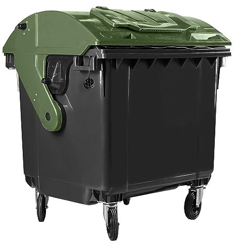 Hardwex Müllcontainer mit 4 Rädern mit Runddeckel, Deckel im Deckel, Müllgroßbehälter, Abfalltonne, Mülltonne, Volumen: 1 100 Liter, Farbe: Grau/Grün, Größe: 1 461 x 1 370 x 1 070 mm