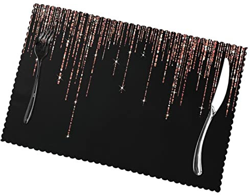 Placemats Luxury Glitter Fringe Black Rose Gold Sparkly Printed Table Mats Set Of 6 Heat Resistant, Non-Slip For Kitchen Dining Table