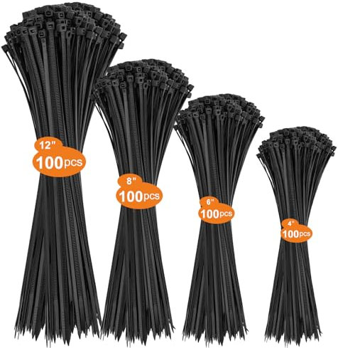 400 Piezas Bridas Plastico 100/150/200/300mm para Cables Profesionales,Bridas Negras para Cables Para Oficina,Hogar,Exteriores