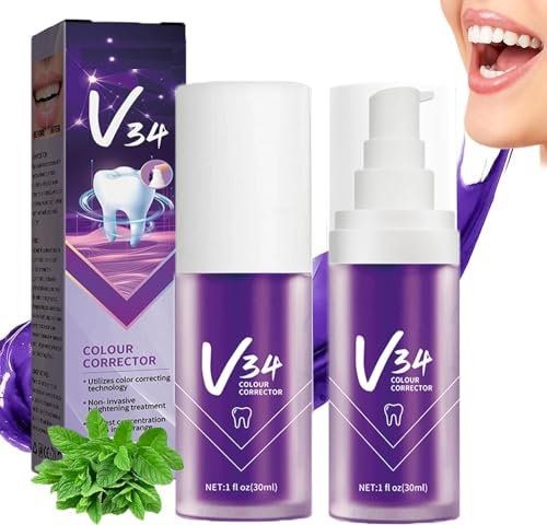 Dentifricio Viola Sbiancante,2PCS V34 Dentifricio Viola,Dentifricio Sbiancante Viola,Dentifricio Correttore di Colore,Correttore Colore Denti,Sbiancante denti dentifricio viola lo sbiancamento denti