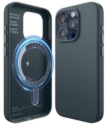 elago Magnetisch Leder Hülle Kompatibel mit iPhone 16, 15, 14, 13, 12 Serie (Blau, iPhone 15 Pro)