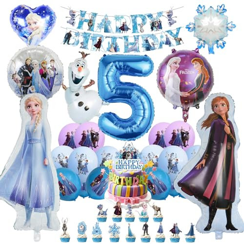 Oirigaga 46pcs Geburtstagsdeko Luftballons Set für 5 Jahre Mädchen, Eiskönigin Party Deko Ballons, Kinder Geburtstag Helium Balloons Eisa Anla Folienballons mit Happy Birthday Banner und Tortendeko