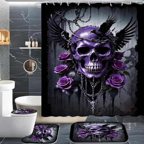 CHEFFS Totenkopf Duschvorhang 180 x 200 180 x 180 Totenkopf Rose Skull Gothic Duschvorhänge Polyeste Skull Halloween Skelett Duschvorhang Badezimmermatte 4-teiliges Set (120 x 200 cm(BxH),2)