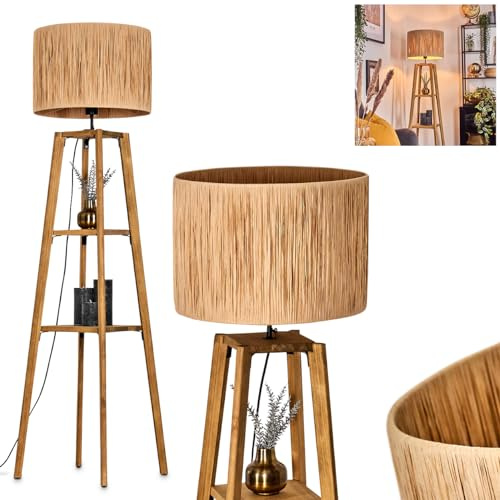 HOFSTEIN Stehleuchte Granja, moderne Stehlampe aus Holz/Bast in Naturfarben, Leuchte im Boho/skandinavischen Design Ø 40 cm, Ablageflächen, Fußschalter, E27, Wohnzimmer, Schlafzimmer, Esszimmer, Flur