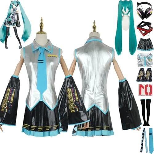 JYMTYCWG Anime H'atsune M'iku Cosplay Costume Outfit Japanese Beginner Future Uniform Full Set Women Girls Halloween Dress Up Suit with Wig/Headdress/Headphones/Stickers For Fans