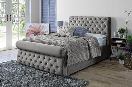 Furnishion Upholstered Sleigh Double Bed Frame Mattress Included - Grey Plush Velvet Bed Frame with 48inch High Headboard - Wooden Slat Support