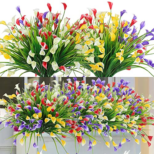 Dremisland 16 Bundles Fake Flowers Outdoor Artificial Calla Lily Flowers UV Resistant Greenery Shrubs Plants Decorative Faux Plants for Outside Hanging Baskets Home Wedding Porch Window Decor