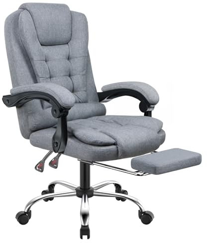 Fauteuil de Bureau avec Repose-Pieds Télescopique, Chaise de Bureau avec Large Assise Rembourrée, Siège Bureau Ergonomique avec Dossier Inclinable et Hauteur Réglable, Roulette Silencieuse, Gris
