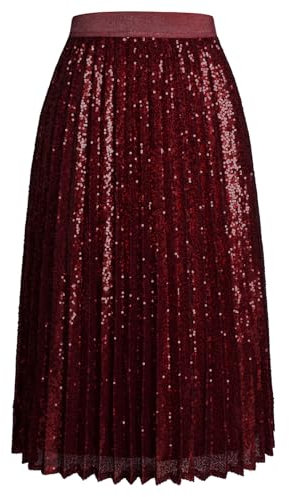 Pailletten Rock Damen mit Plissee Tüllrock Damen A-Linie Festlich Party Tanzabend Elegant M Weinrot -6