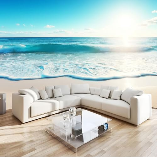 Fototapete Strand Meer Sonne Wellen 3D Effekt Vlies Tapeten Wandgemälde 400 x 280 cm Moderne Wanddeko Design Wandtapete Blau Wohnzimmer Schlafzimmer Büro Flur Wandgemälde