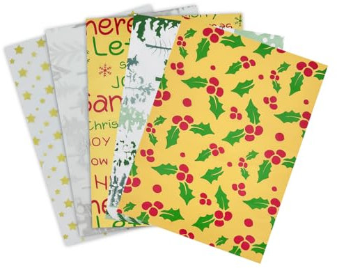 25 Blatt Weihnachtsseidenpapier, 50 x 35 cm, recycelbares Geschenkpapier, Seidenpapier mit Weihnachtsmotiven, 5 verschiedene festliche Designs für Partydekorationen