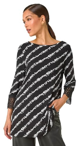 Roman Originals Floral Soft Stretch Jersey Top for Women UK - Ladies Everyday Autumn Winter Round Neckline Comfy Soft Evening Vacation Work Party Night Out - Black White - Size 14
