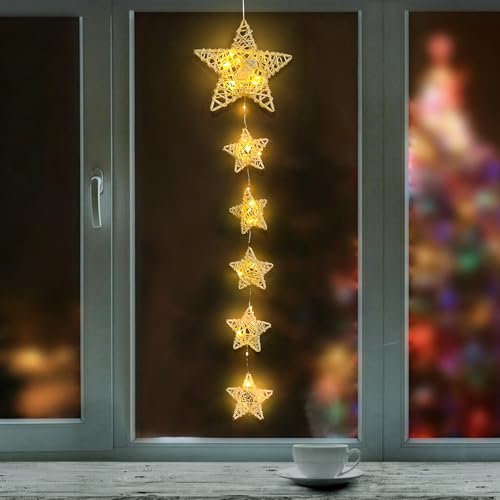 Sunshine smile Ramadan Deko Lichterkette,LED Sterne Weihnachtsbeleuchtung,Lichterkette Innen,Rattan Sterne Lichterkette Deko,Stern Fenster Beleuchtet mit Batteriebetriebene